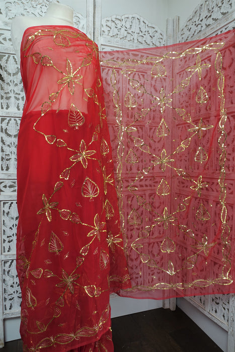 Red Sequinned Vintage Wedding Sari - New