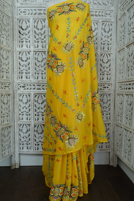 Yellow Vintage Embellished Sari - New
