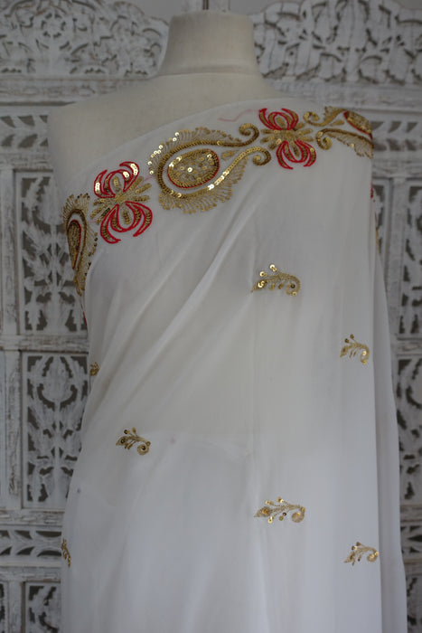 White Vintage Sequinned Sari - Preloved