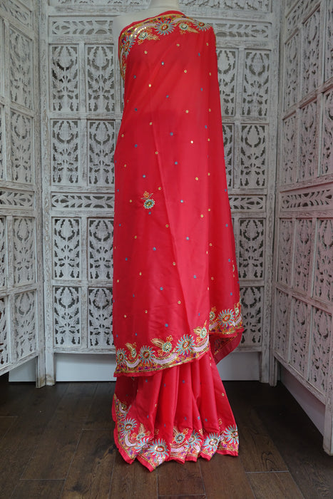 Coral Pink Sequinned Vintage Sari - New