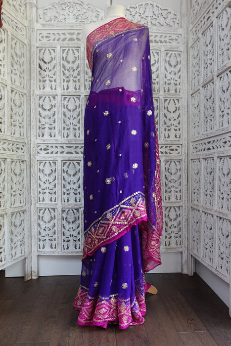 Purple And Pink Vintage Silk Chiffon Sari - Preloved