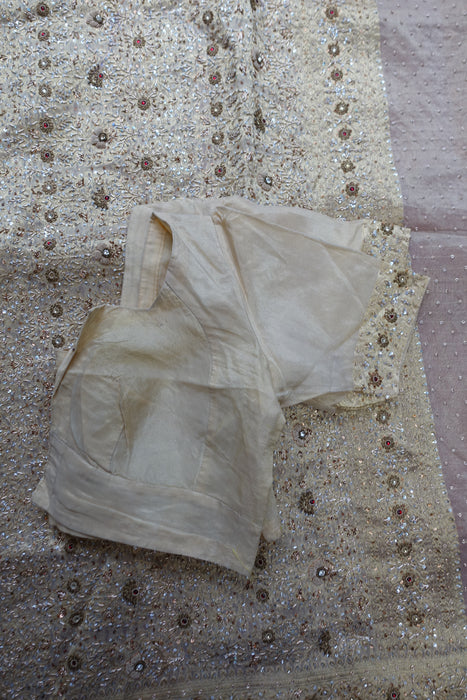 Pure Silk Voile Cream Zardosi Sari And Blouse To Fit 42 Bust - Preloved