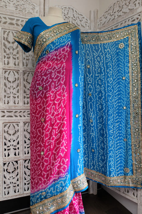 Pink And Blue Bandhani Sari With Blouse To Fit 30 Bust - New