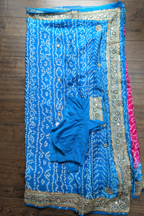 Pink And Blue Bandhani Sari With Blouse To Fit 30 Bust - New