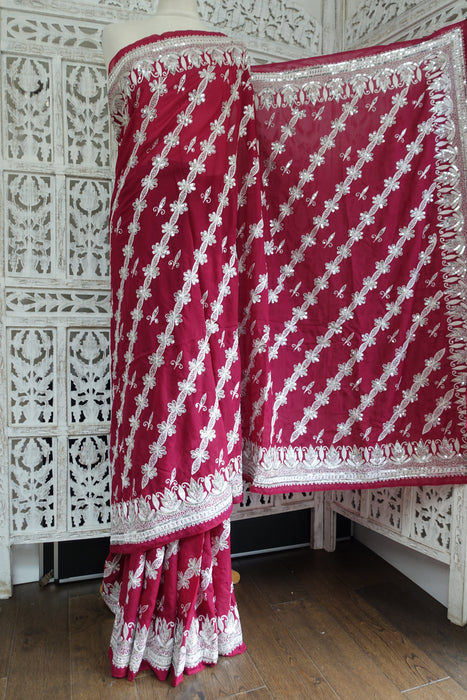 Maroon And White Sequinned Vintage Sari - New