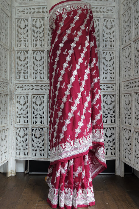 Maroon And White Sequinned Vintage Sari - New