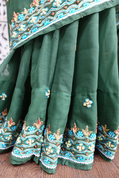 Dark Green Vintage Chiffon Sari - Preloved