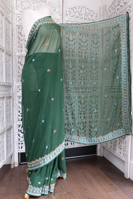 Dark Green Vintage Chiffon Sari - Preloved