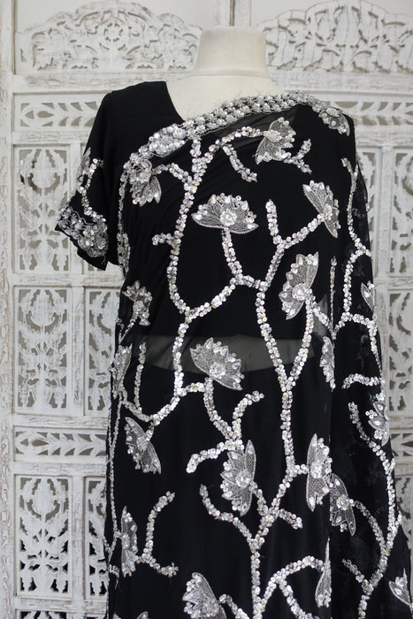 Black Chiffon With Diamante Stones With Blouse To Fit 38" Bust - Preloved