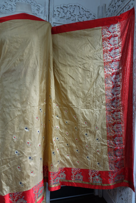 Beige And Red Pure Silk Sari - Preloved