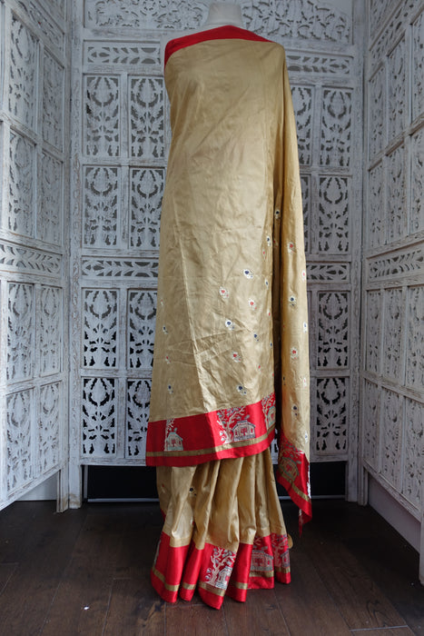 Beige And Red Pure Silk Sari - Preloved