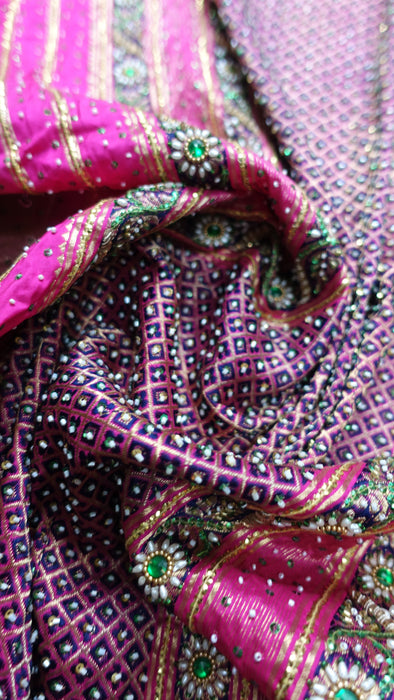 Parrot Green And Pink Vintage Silk Sequinned Sari - New