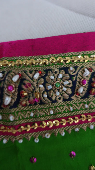 Parrot Green And Pink Vintage Silk Sequinned Sari - New