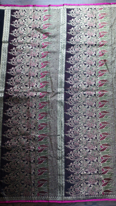 Black Sateen Silk Vintage Sari - New