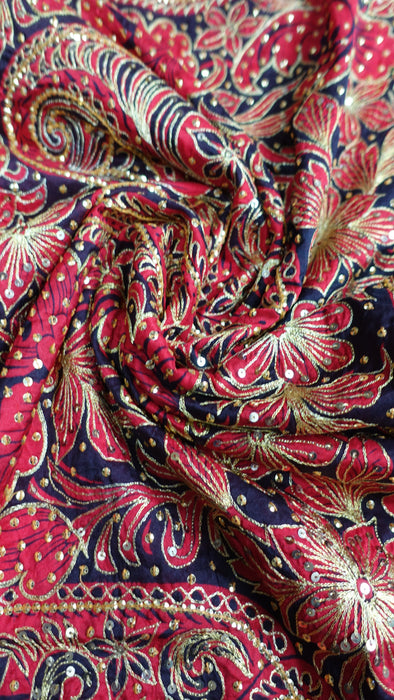 Black And Red  Silk Blend Vintage Sari - New