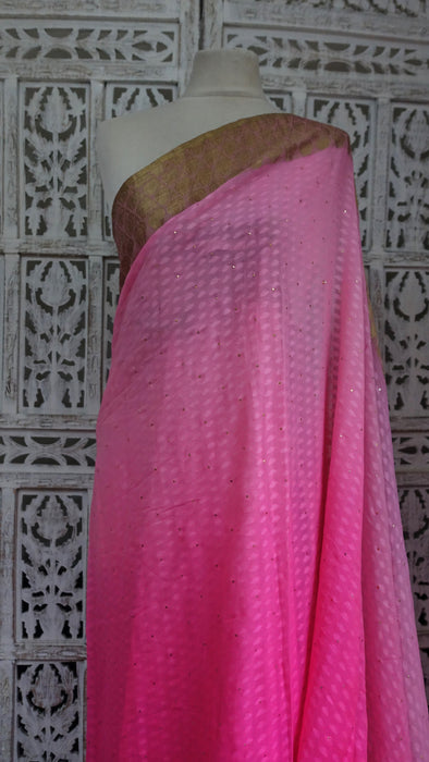 Pink Silk Chiffon Ombre Sari With Mukesh Work - New