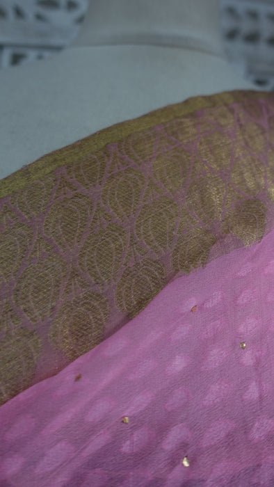 Pink Silk Chiffon Ombre Sari With Mukesh Work - New