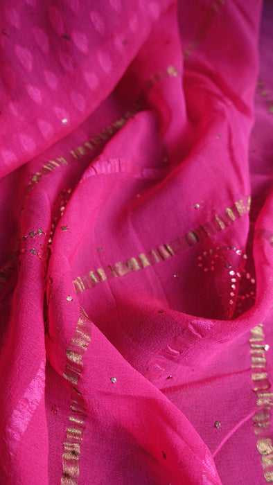Pink Silk Chiffon Ombre Sari With Mukesh Work - New