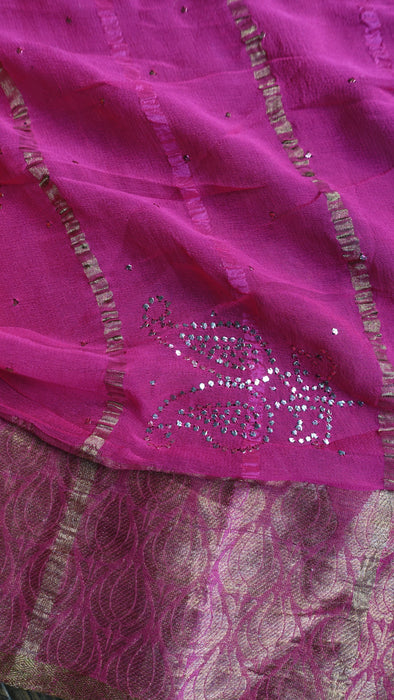 Pink Silk Chiffon Ombre Sari With Mukesh Work - New