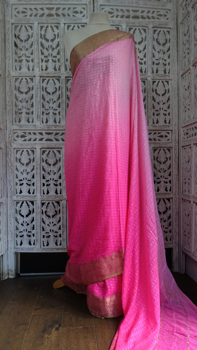 Pink Silk Chiffon Ombre Sari With Mukesh Work - New
