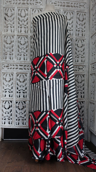 Black White And Red Vintage Silk Sari - New