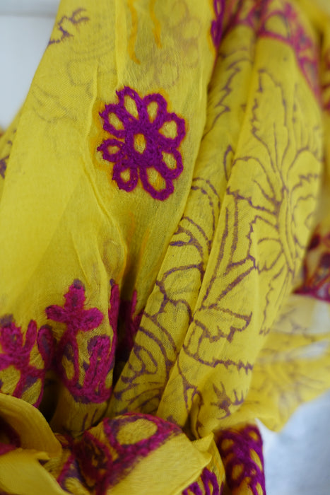 Yellow & Pink Embroidered Indian Scarf - Preloved