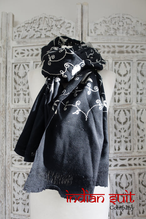 Black Wool Indian Embroidered Shawl - New - Indian Suit Company
