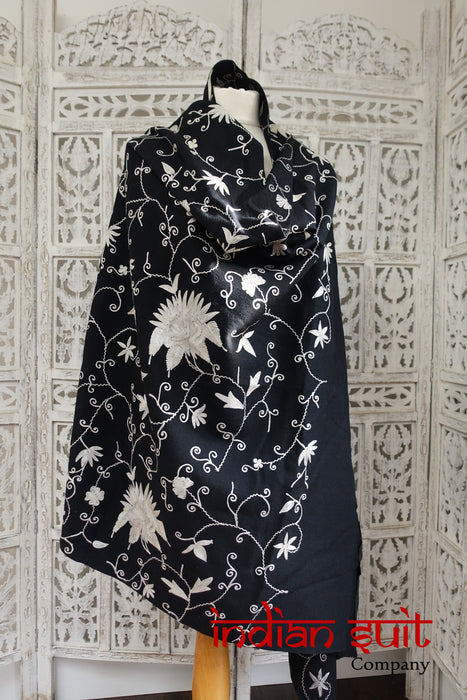 Black Wool Indian Embroidered Shawl - New - Indian Suit Company