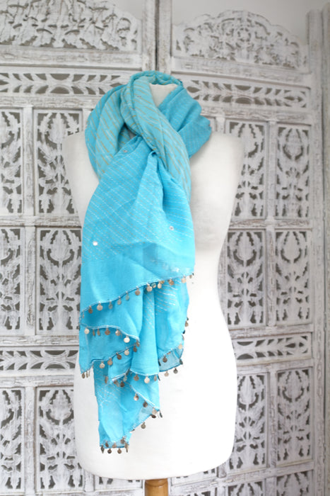 Light Blue Chiffon Scarf With Silver Embellishments - New