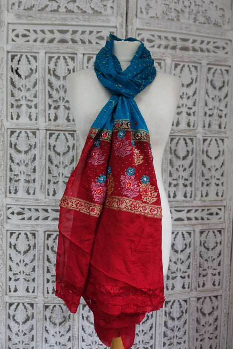 Blue & Red Vintage Silk Chiffon Scarf - Preloved