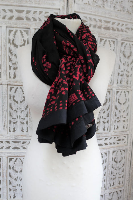 Black & Red Cotton Printed Scarf - New