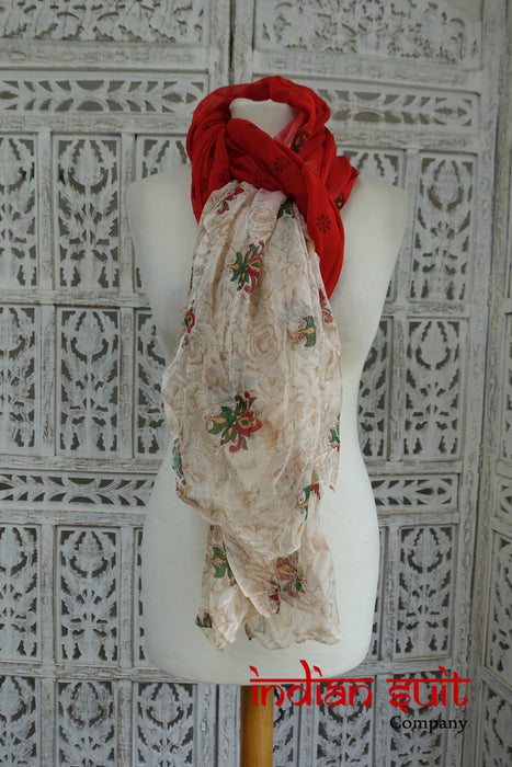 Red & Cream Printed Chiffon Scarf - New - Indian Suit Company