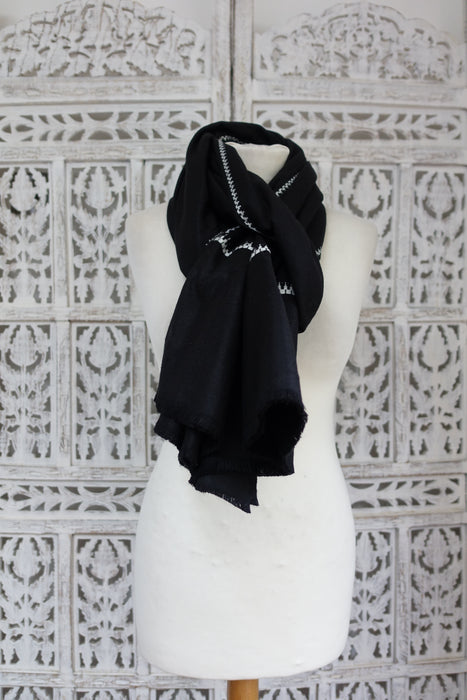 Black Wool With White Embroidery Shawl - New - Indian Suit Company