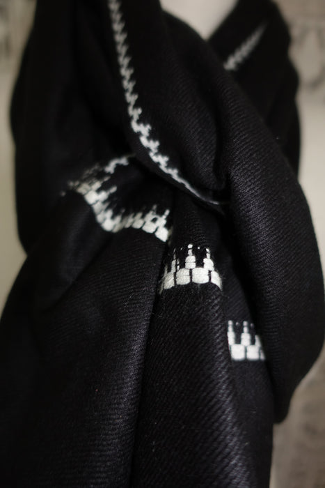 Black Wool With White Embroidery Shawl - New - Indian Suit Company