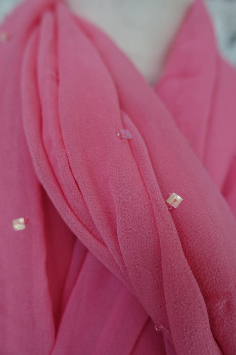 Soft Pink Silk Chiffon Sequinned Scarf - New
