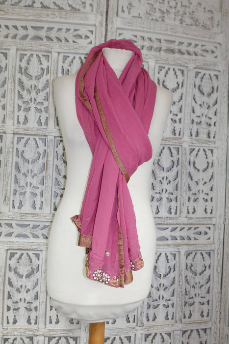 Rose Pink Silk Chiffon Diamante Scarf - New - Indian Suit Company