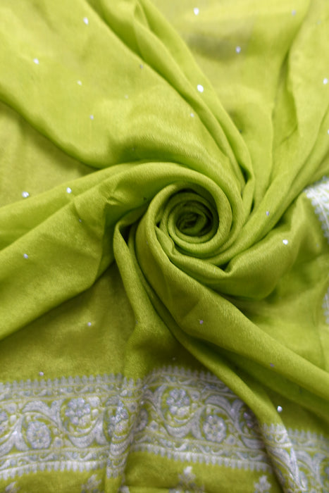 Green Silk Scarf With Banarsi Trim - New