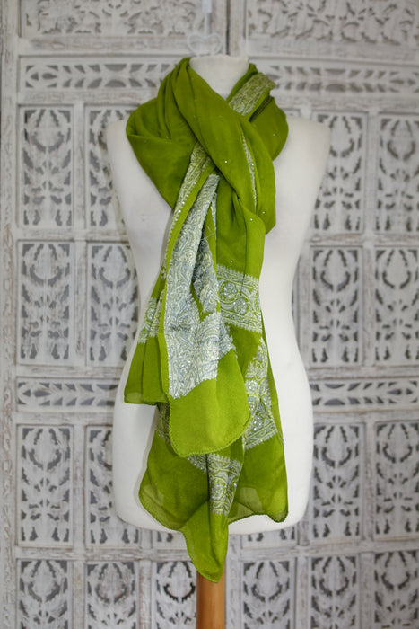 Green Silk Scarf With Banarsi Trim - New - Indian Suit Company