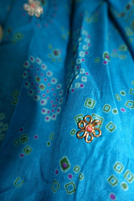 Blue Vintage Bandhani Print Silk Shawl - Preloved