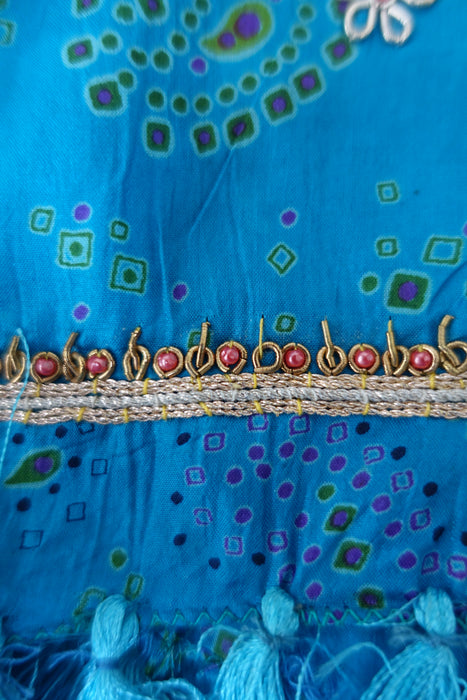 Blue Vintage Bandhani Print Silk Shawl - Preloved
