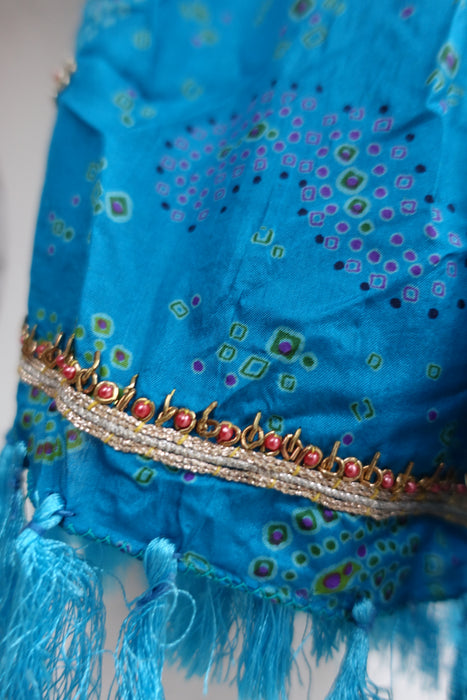 Blue Vintage Bandhani Print Silk Shawl - Preloved