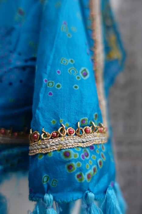 Blue Vintage Bandhani Print Silk Shawl - Preloved