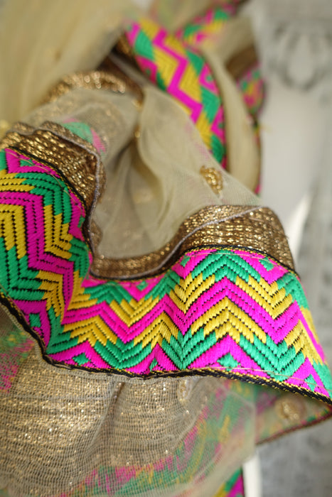 Cream Net Scarf With Bright Zig Zag Border - New - Indian Suit Company