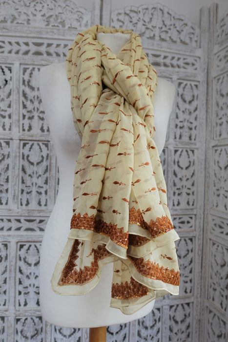 Cream Chiffon With Light Beige Bronze Scarf - New - Indian Suit Company