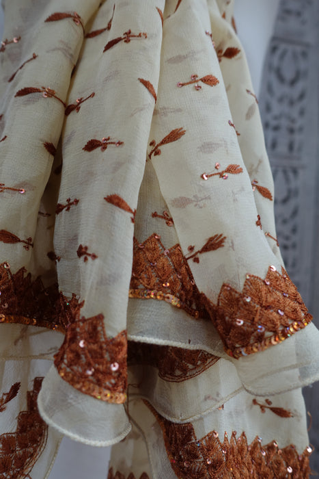Cream Chiffon With Light Beige Bronze Scarf - New - Indian Suit Company