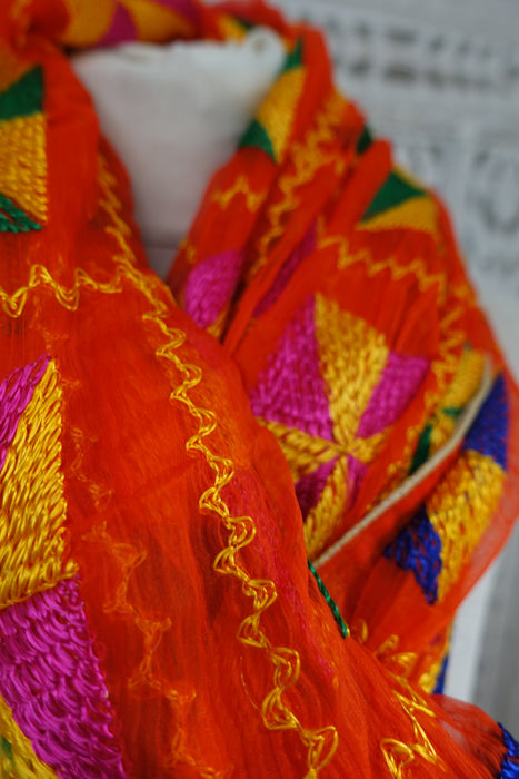Bright Orange Phulkari Chiffon Scarf - New - Indian Suit Company