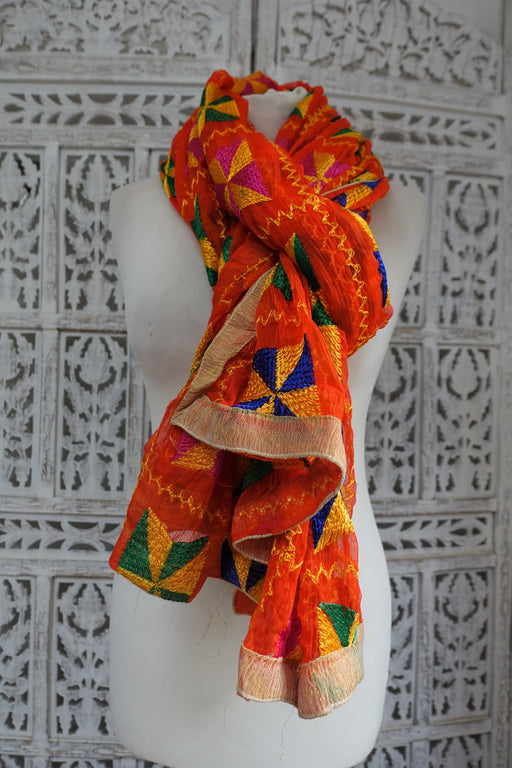 Bright Orange Phulkari Chiffon Scarf - New - Indian Suit Company