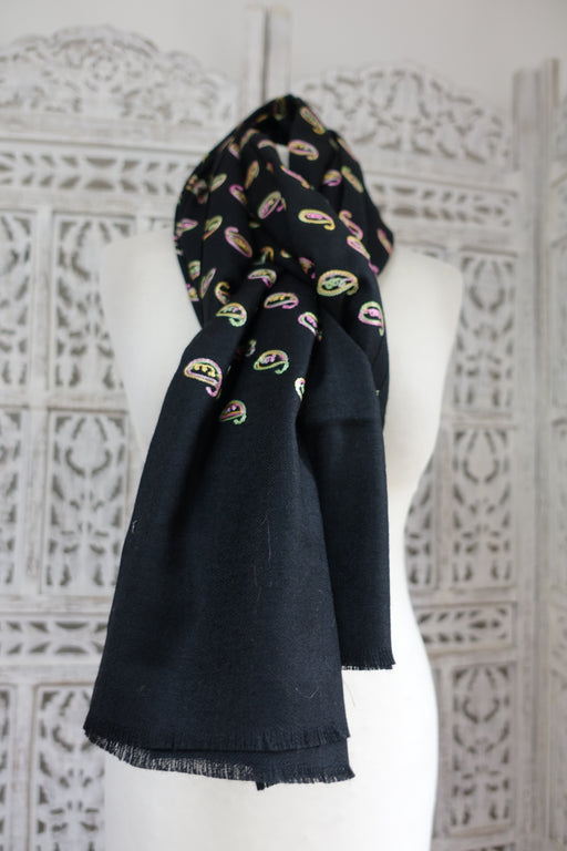 Black Small Paisley Embroidered Scarf - New - Indian Suit Company