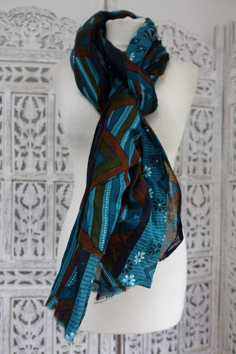 Teal Printed Cotton Scarf - New - Indian Suit Company