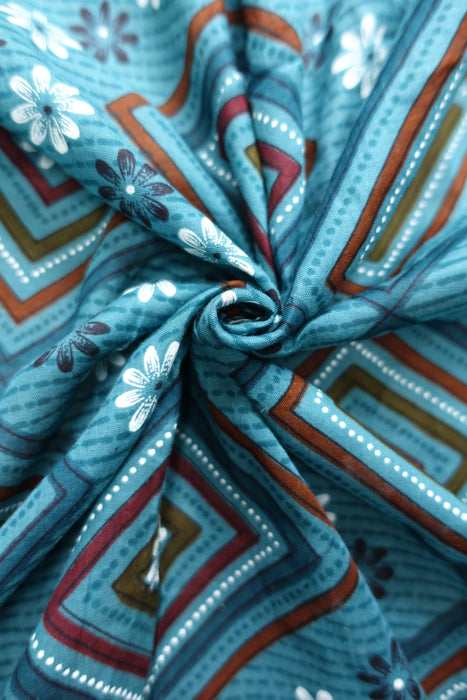 Teal Printed Cotton Scarf - New - Indian Suit Company